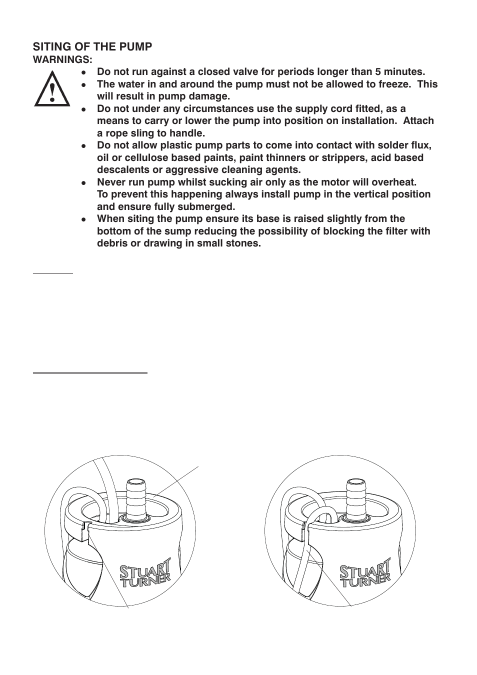 Siting of the pump, General, Float switch operation | Stuart Turner Submersible Diver 35 & 45 User Manual | Page 6 / 16