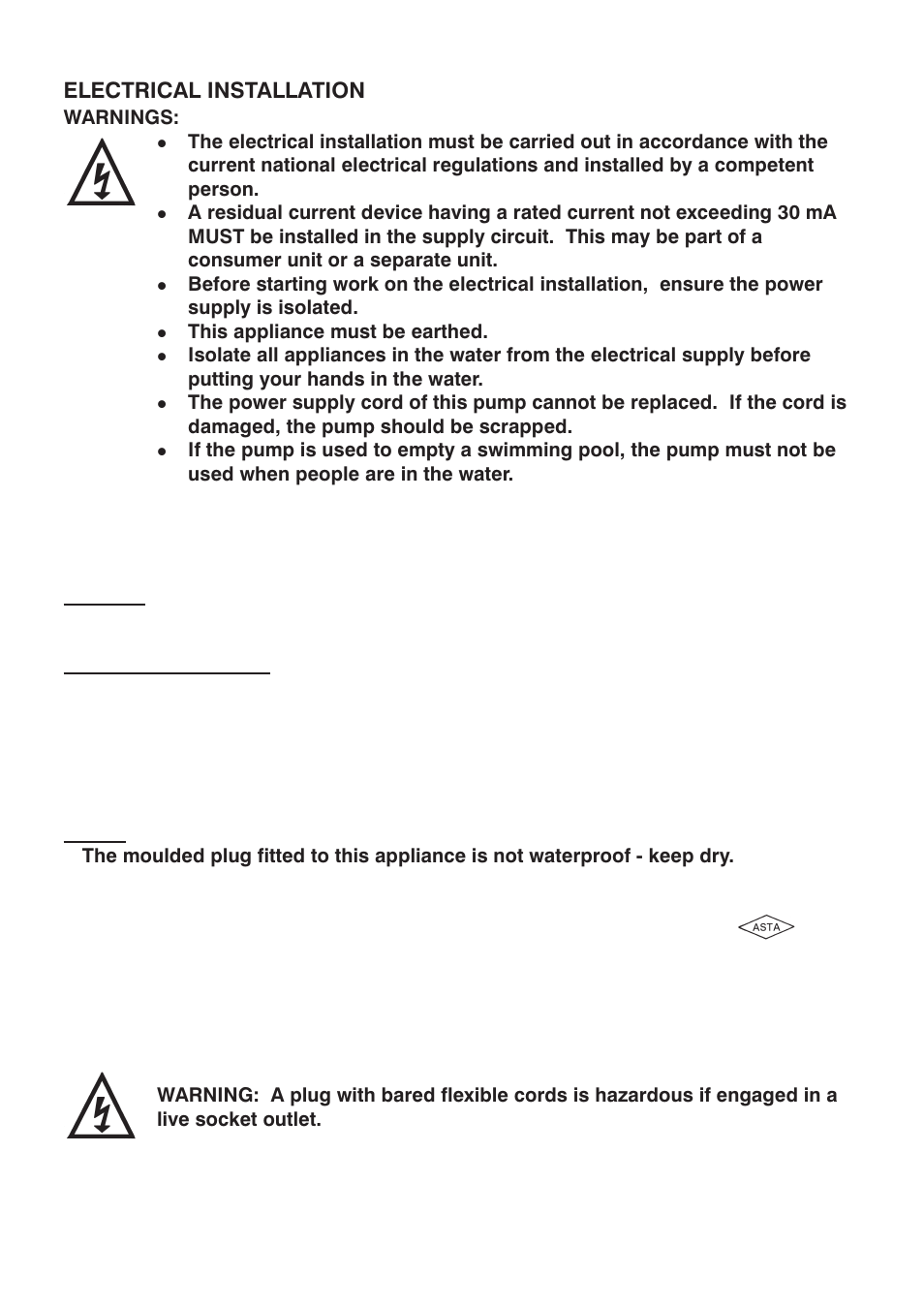 Electrical installation, Earthing, Electrical connection | Wiring | Stuart Turner Submersible Diver 35 & 45 User Manual | Page 8 / 16