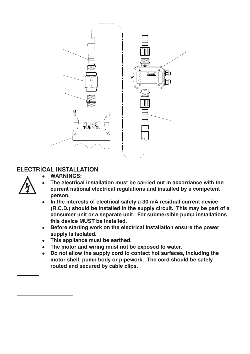 Electrical installation, Earthing, Electrical connection | Stuart Turner Submersible Diver 35 & 45 Boostamatic User Manual | Page 3 / 24