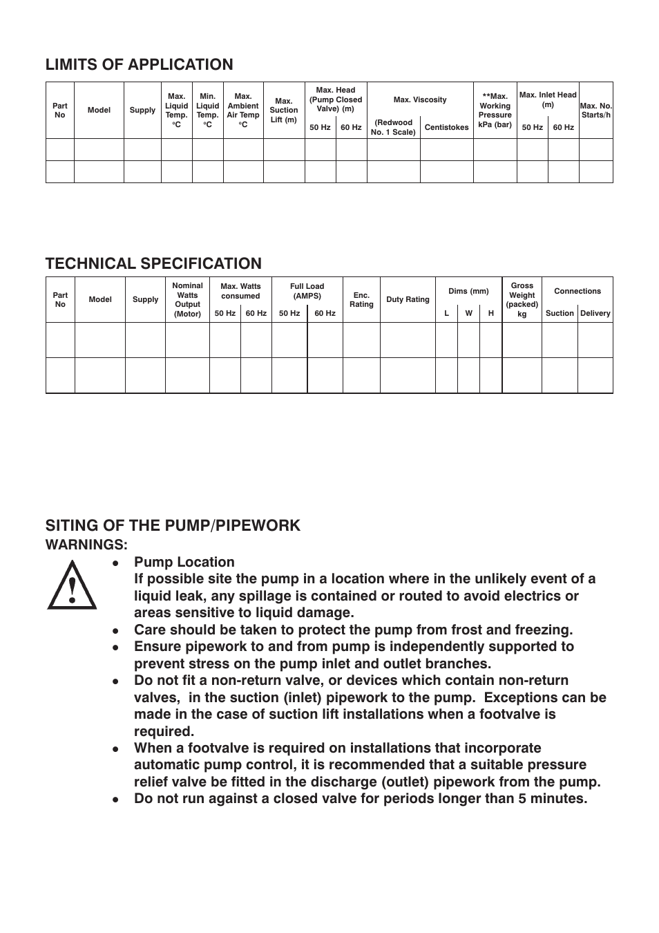 Technical specification, Siting of the pump/pipework, Limits of application | Warnings | Stuart Turner PH 45 TS S User Manual | Page 4 / 16