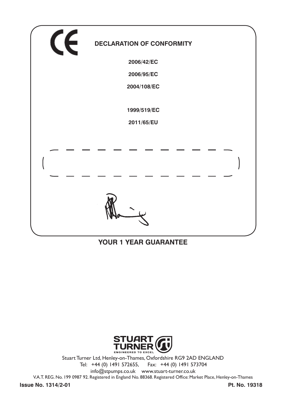 Your 1 year guarantee, Declaration of conformity, Business development director | Stuart Turner PH 35 ES B User Manual | Page 20 / 20