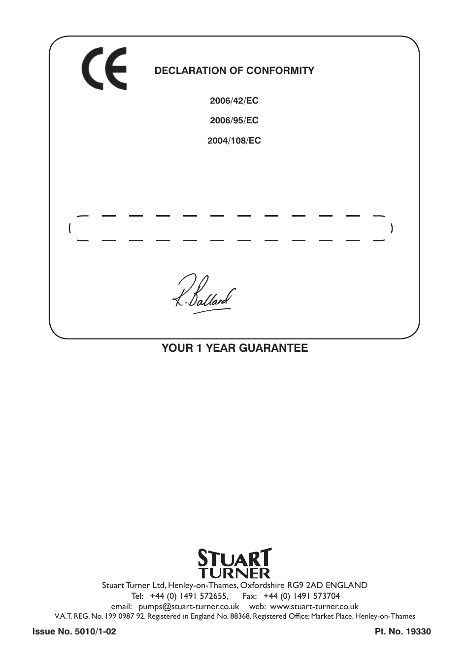 Your 1 year guarantee, Declaration of conformity, Customer relationship manager | Stuart Turner Kennet 2 User Manual | Page 20 / 20