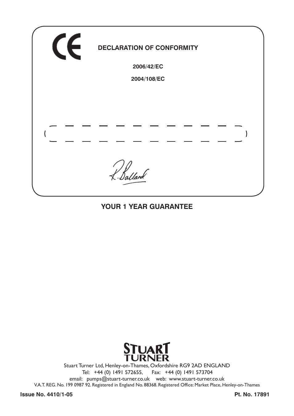 Your 1 year guarantee, Declaration of conformity, Customer relationship manager | Stuart Turner 12/50 12 V User Manual | Page 12 / 12
