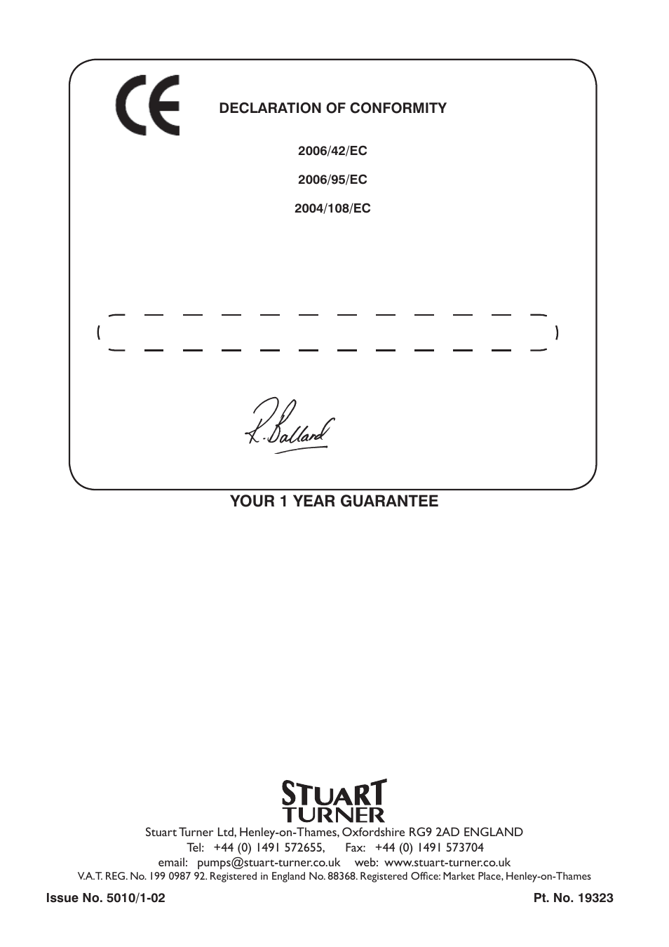Your 1 year guarantee, Declaration of conformity, Customer relationship manager | Stuart Turner TFL Automatic Flow Switch User Manual | Page 20 / 20