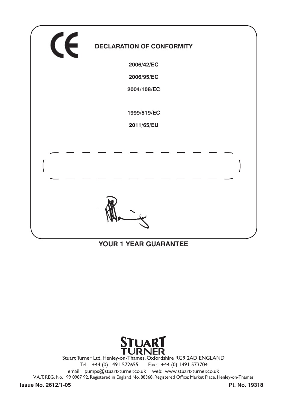 Your 1 year guarantee, Declaration of conformity, Business development director | Stuart Turner Boostamatic4S/L7-4S User Manual | Page 20 / 20