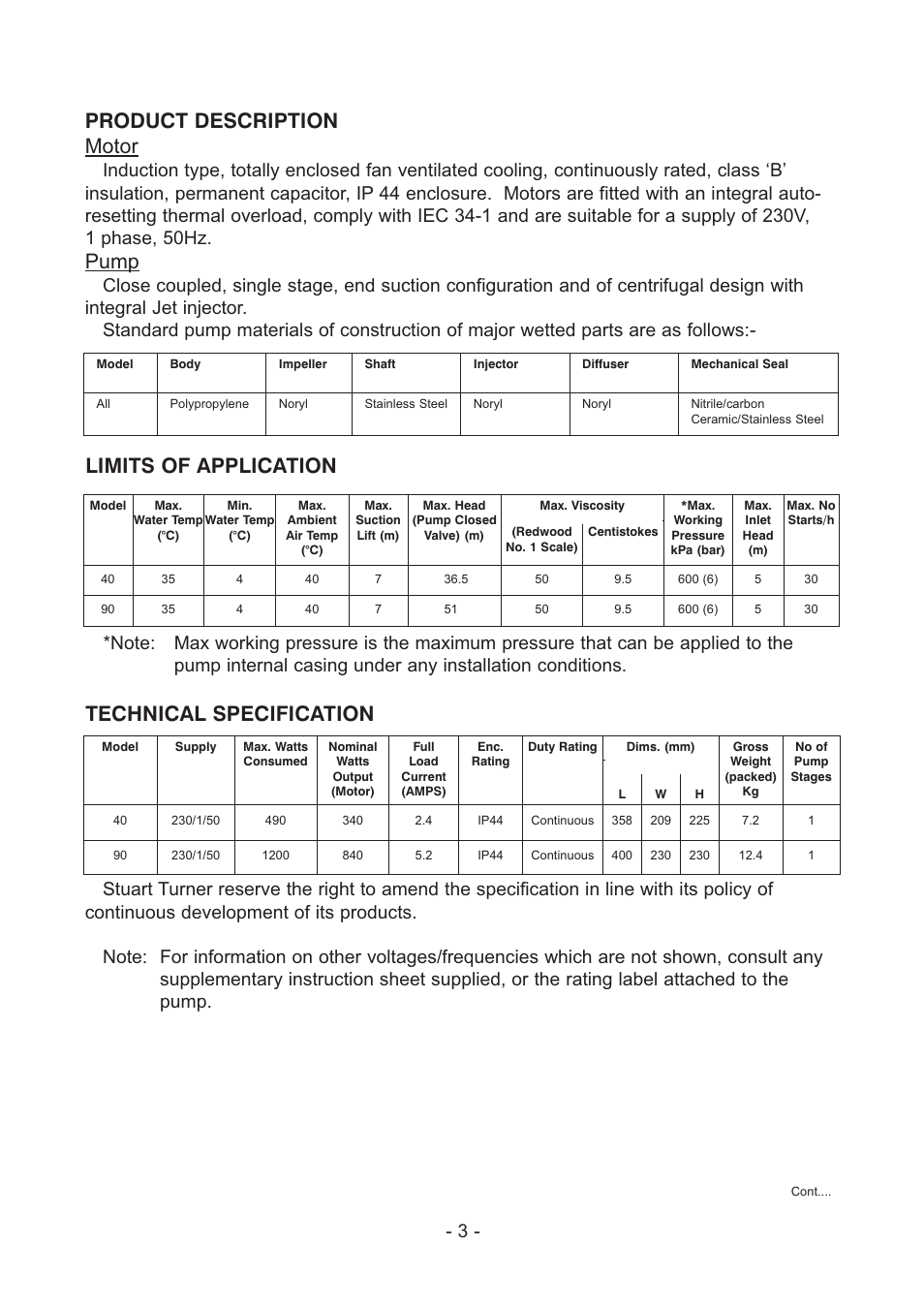 Product description motor, Pump, Limits of application | Technical specification | Stuart Turner Self Priming Jet 40 Centrifugal User Manual | Page 3 / 16