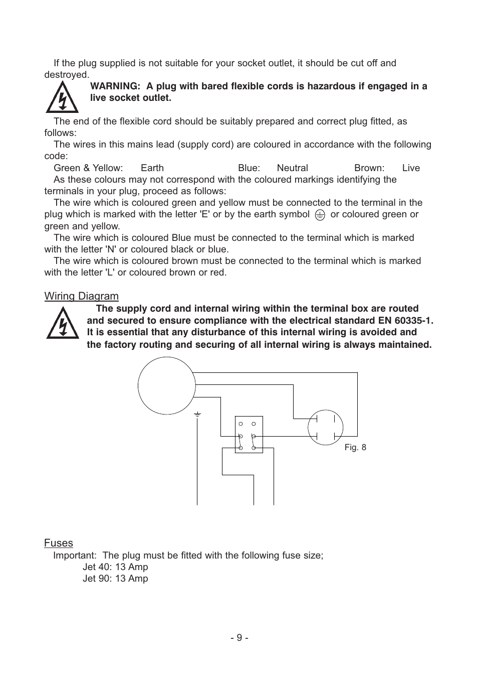 Wiring diagram, Fuses | Stuart Turner Self Priming Jet 90 Centrifugal User Manual | Page 9 / 16