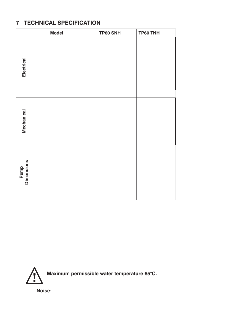 7 technical specification, Model tp60 snh tp60 tnh electrical, Mechanical | Pump dimensions | Stuart Turner Techflo TP 60TNH User Manual | Page 19 / 28