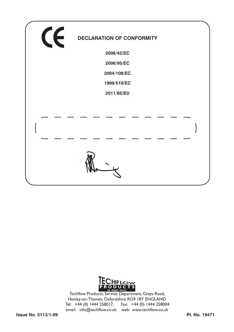 Declaration of conformity, Business development director | Stuart Turner Techfo TP 50T User Manual | Page 20 / 20