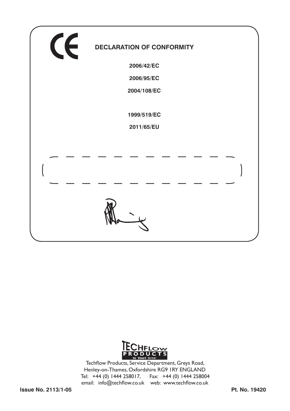 Declaration of conformity, Business development director | Stuart Turner Techflo QT 50TNH User Manual | Page 20 / 20