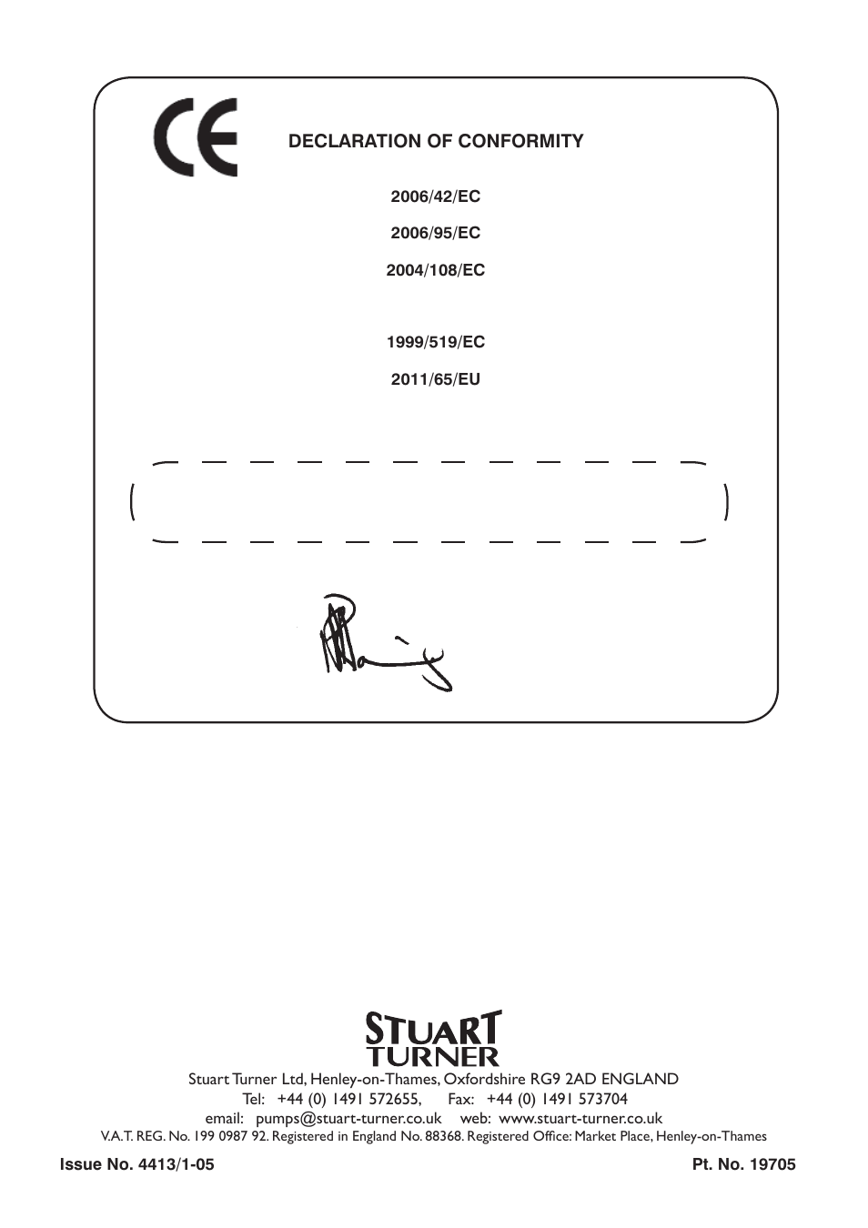 Declaration of conformity, Business development director | Stuart Turner CHM160-30 B User Manual | Page 20 / 20