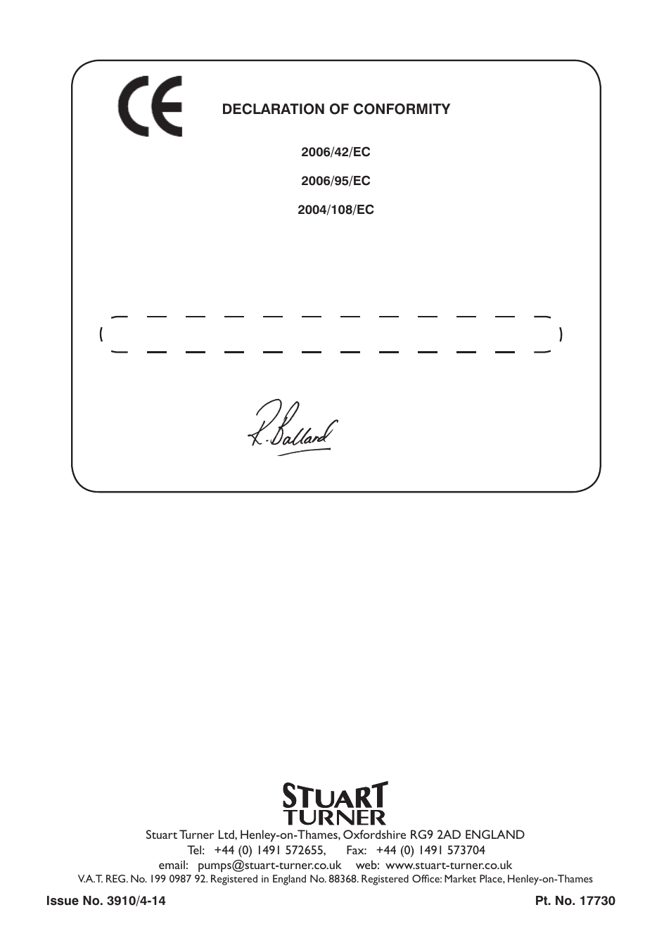 Declaration of conformity, Customer relationship manager | Stuart Turner RG550-2 User Manual | Page 16 / 16