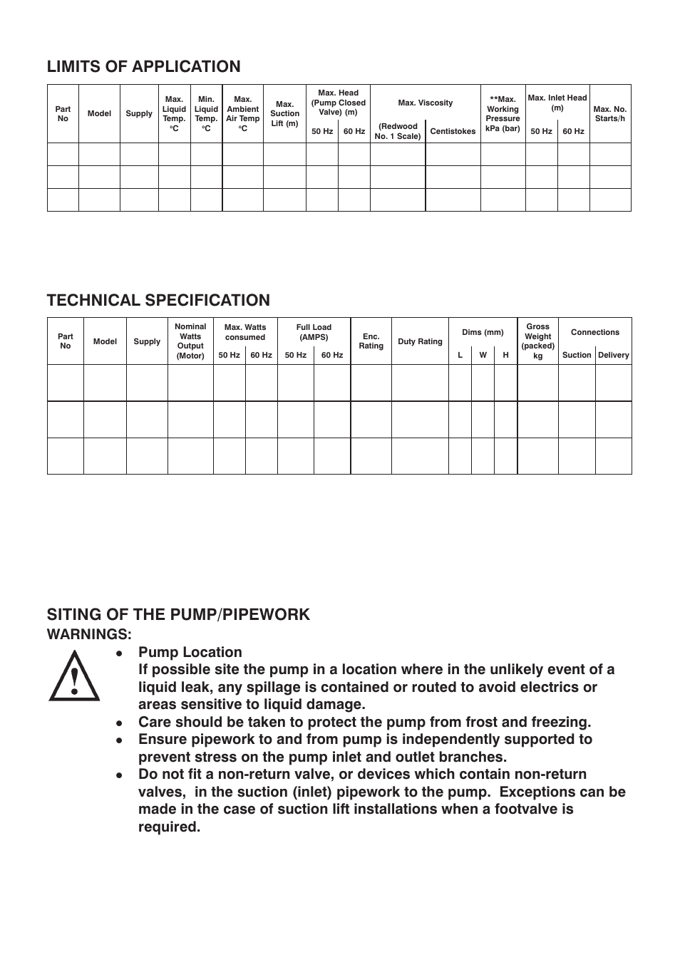 Technical specification, Siting of the pump/pipework, Limits of application | Warnings | Stuart Turner RG550-2 User Manual | Page 4 / 16