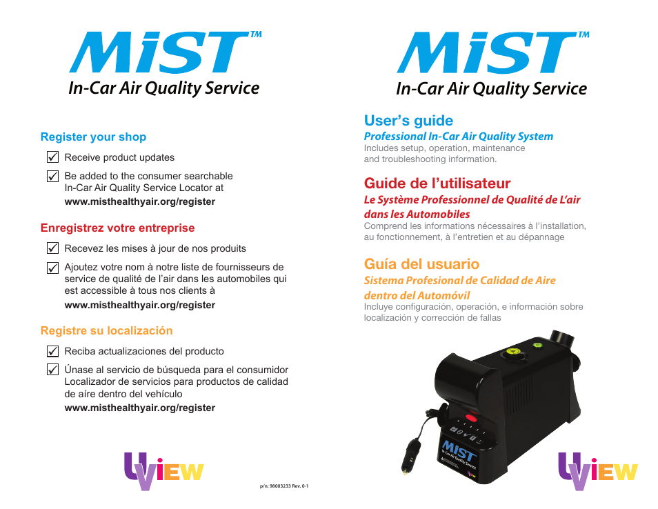 UView MiST II In-Car Air Quality System User Manual | 10 pages