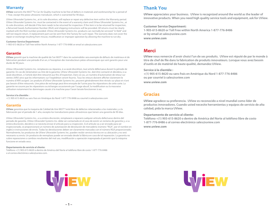 Merci, Gracias, Warranty | Garantie, Garantía | UView MiST II In-Car Air Quality System User Manual | Page 2 / 10