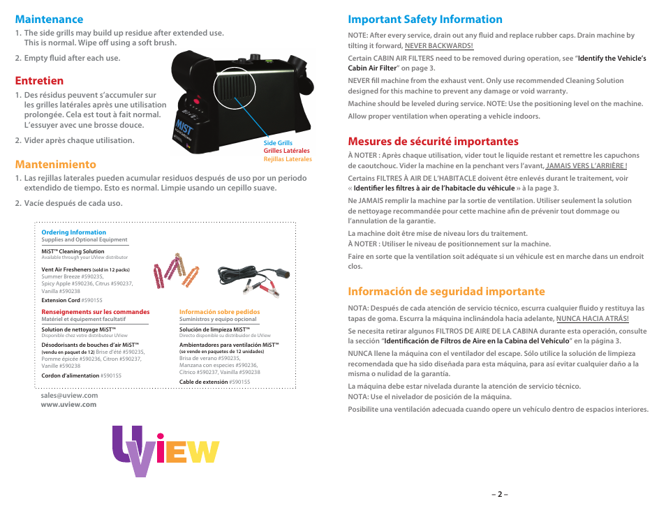 Maintenance, Entretien, Mantenimiento | Important safety information, Mesures de sécurité importantes, Información de seguridad importante | UView MiST II In-Car Air Quality System User Manual | Page 3 / 10