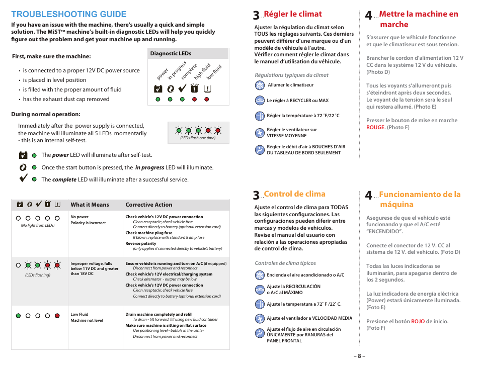 Régler le climat, Mettre la machine en marche, Control de clima | Funcionamiento de la máquina, Troubleshooting guide | UView MiST II In-Car Air Quality System User Manual | Page 9 / 10