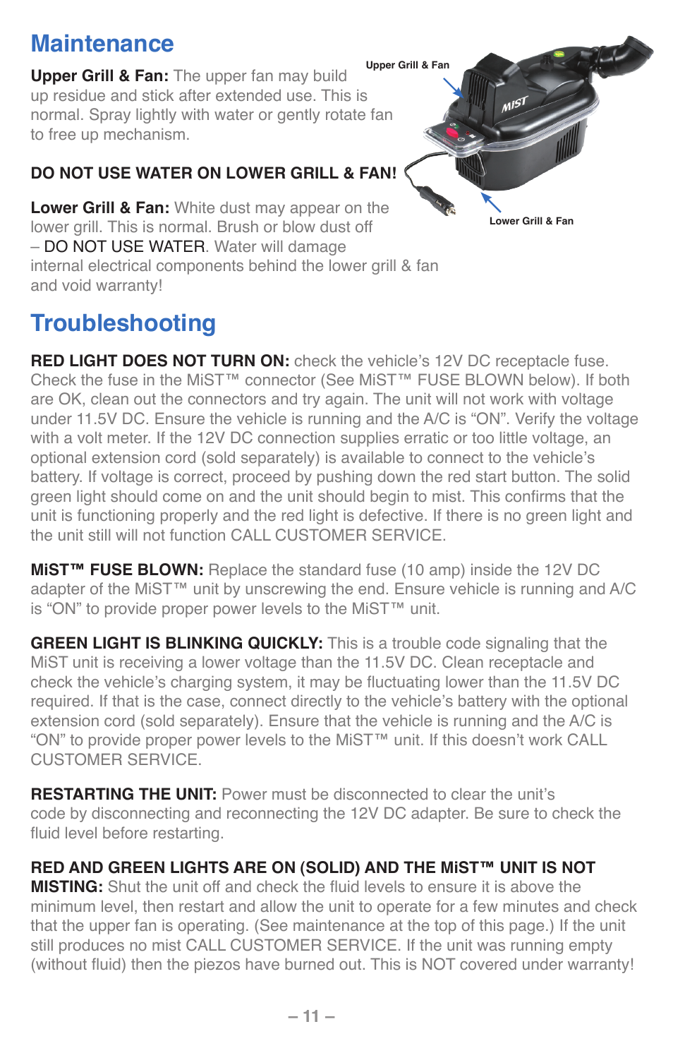 Maintenance, Troubleshooting | UView MiST In-Car Air Quality System User Manual | Page 12 / 16