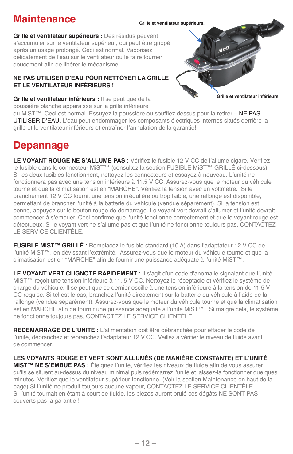 Maintenance, Depannage | UView MiST In-Car Air Quality System User Manual | Page 13 / 16
