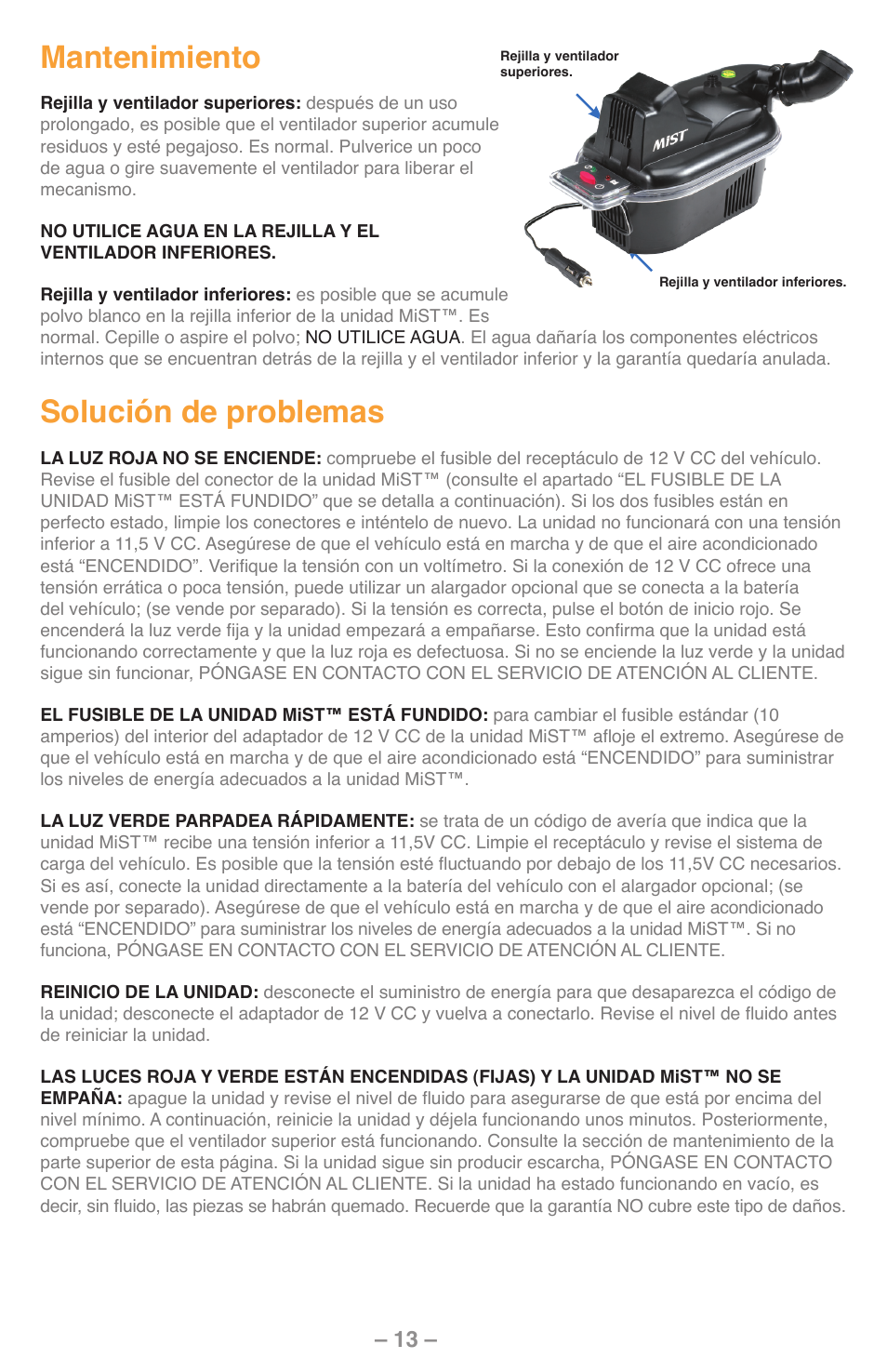 Mantenimiento, Solución de problemas | UView MiST In-Car Air Quality System User Manual | Page 14 / 16