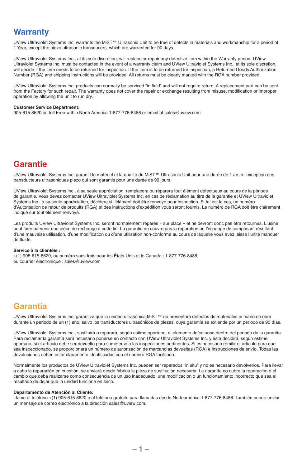 Warranty, Garantie, Garantía | UView MiST In-Car Air Quality System User Manual | Page 2 / 16