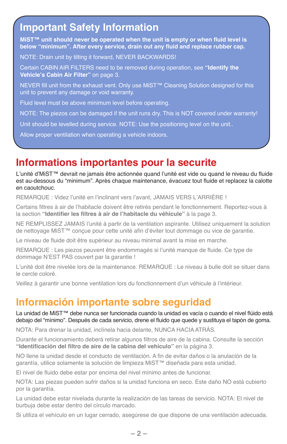 Important safety information, Informations importantes pour la securite, Información importante sobre seguridad | UView MiST In-Car Air Quality System User Manual | Page 3 / 16