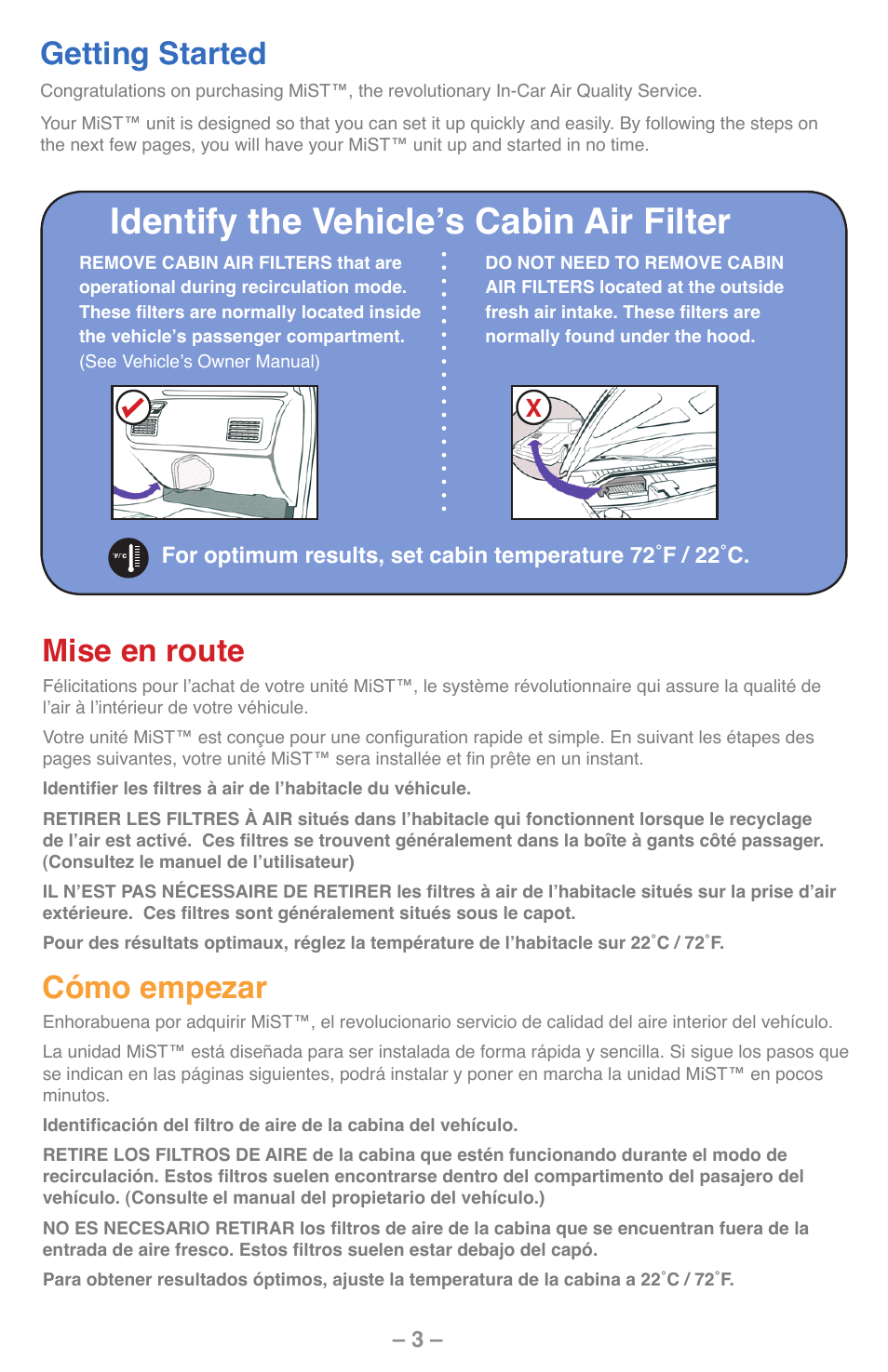 Identify the vehicle’s cabin air filter, Getting started, Mise en route | Cómo empezar | UView MiST In-Car Air Quality System User Manual | Page 4 / 16