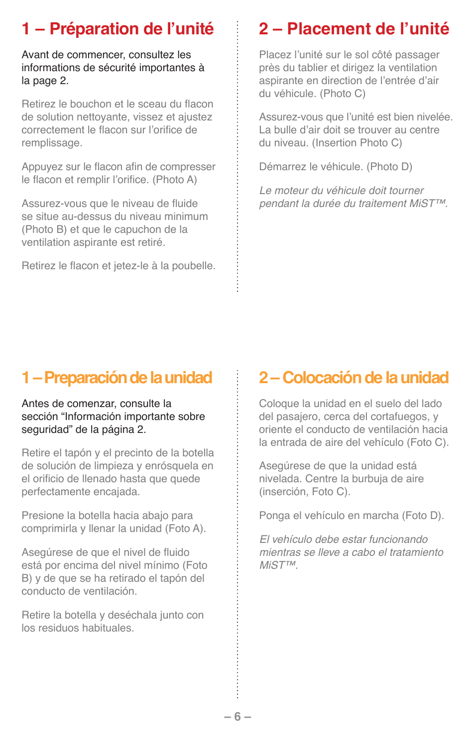 1 – préparation de l’unité, 2 – placement de l’unité, 1 – preparación de la unidad | 2 – colocación de la unidad | UView MiST In-Car Air Quality System User Manual | Page 7 / 16