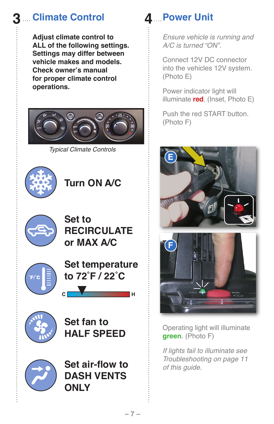 Climate control, Power unit, Set air-flow to dash vents only | Set to recirculate or max a/c turn on a/c | UView MiST In-Car Air Quality System User Manual | Page 8 / 16
