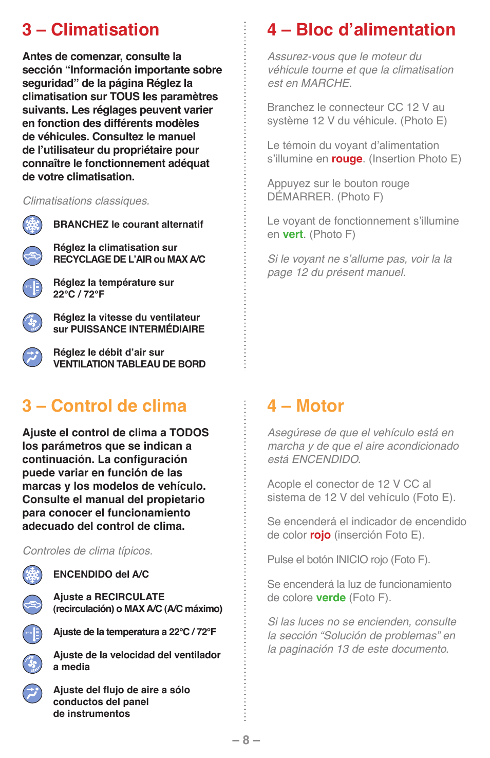 3 – climatisation, 4 – bloc d’alimentation, 3 – control de clima | 4 – motor | UView MiST In-Car Air Quality System User Manual | Page 9 / 16