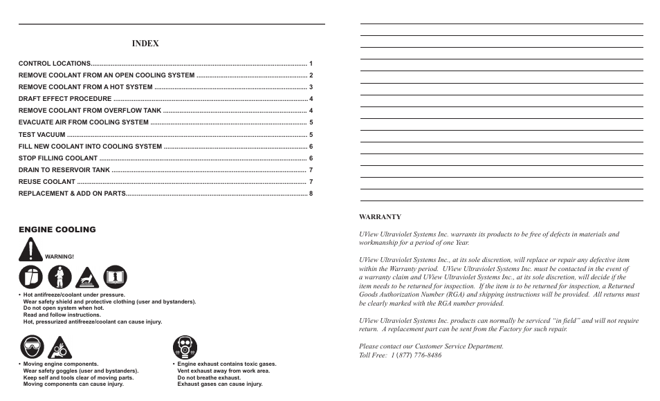 Index, Engine cooling | UView Vacufill Coolant Exchanger User Manual | Page 2 / 6