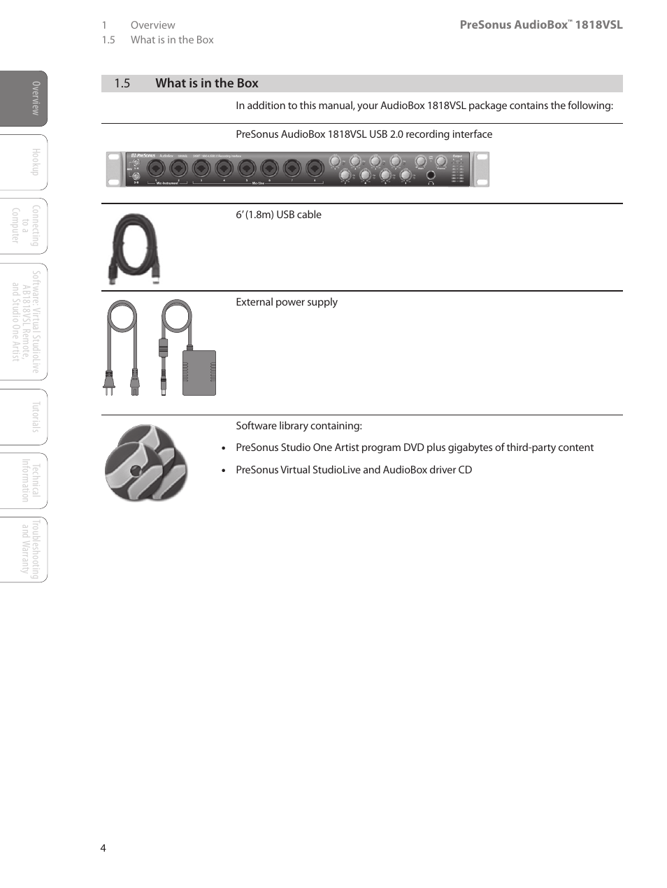 5 what is in the box, 5 what is in the box — 4 | PreSonus AudioBox 1818VSL User Manual | Page 10 / 100