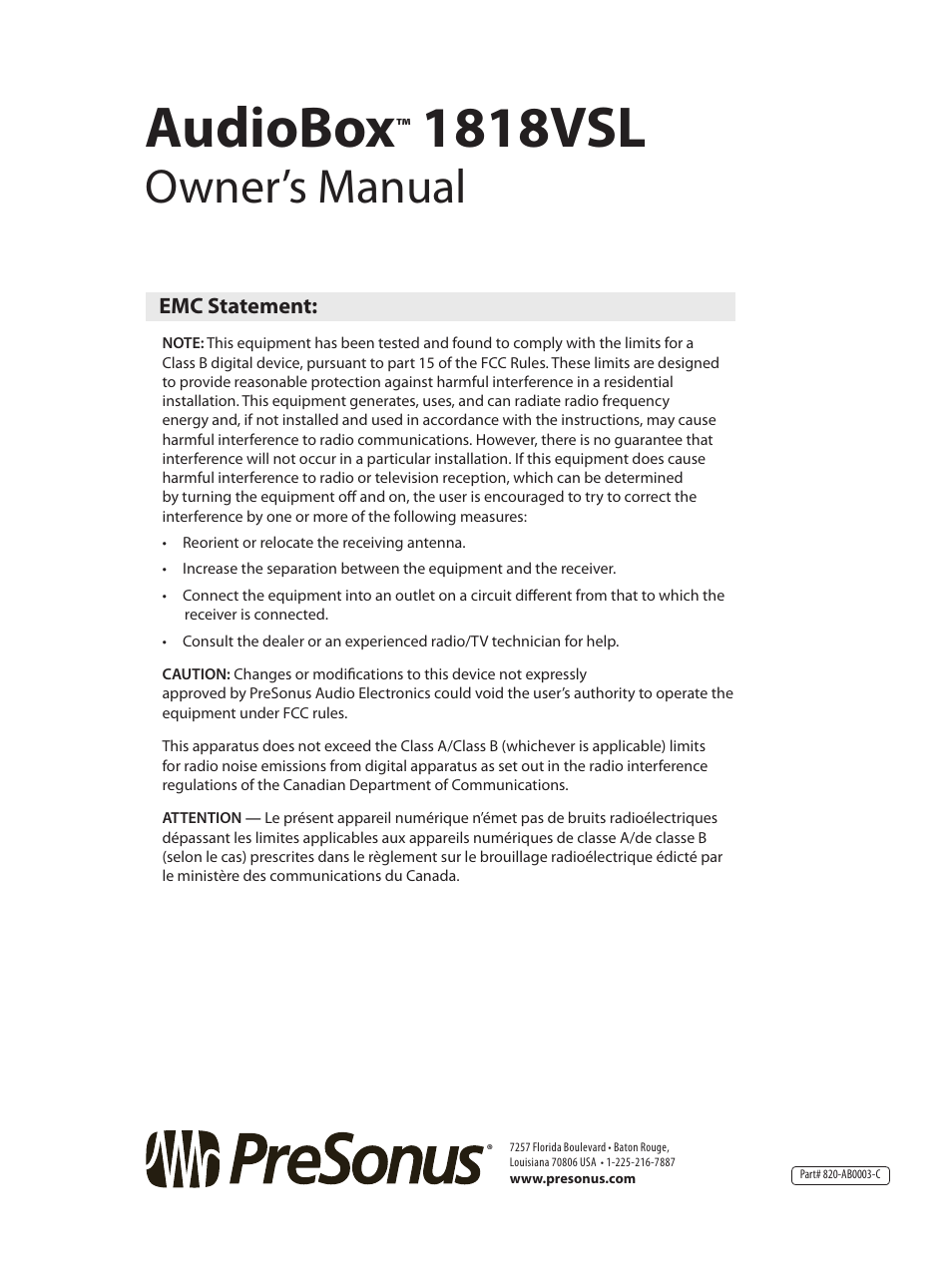 Audiobox, 1818vsl, Owner’s manual | PreSonus AudioBox 1818VSL User Manual | Page 100 / 100