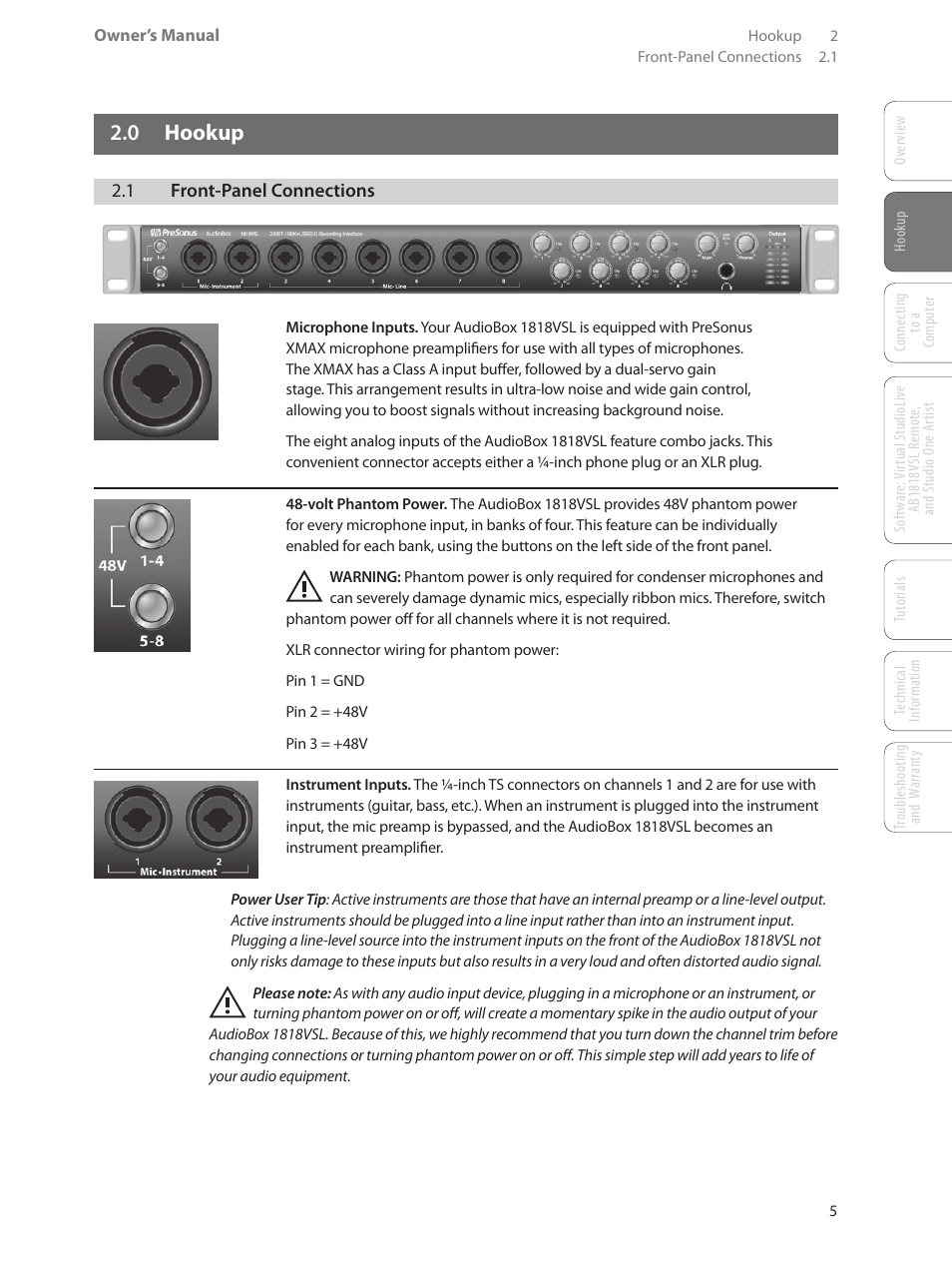 0 hookup, 1 front-panel connections, 0 hookup — 5 | 1 front-panel connections — 5 | PreSonus AudioBox 1818VSL User Manual | Page 11 / 100