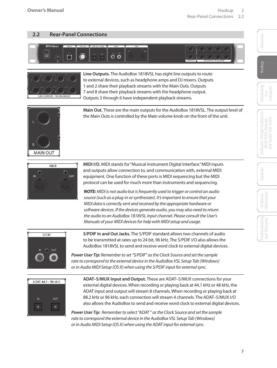 2 rear-panel connections, 2 rear-panel connections — 7 | PreSonus AudioBox 1818VSL User Manual | Page 13 / 100