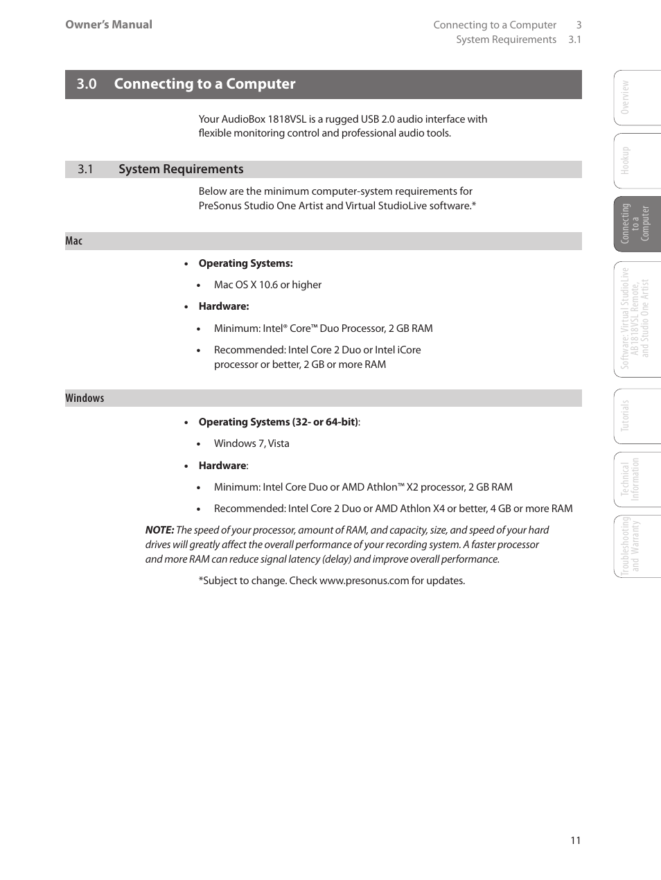 0 connecting to a computer, 1 system requirements, 0 connecting to a | Computer — 11, System requirements — 11 | PreSonus AudioBox 1818VSL User Manual | Page 17 / 100