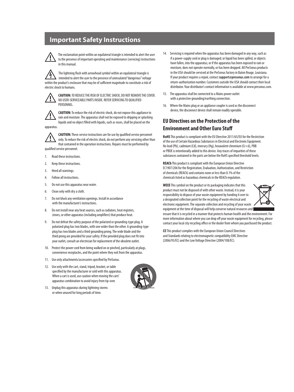 Important safety instructions | PreSonus AudioBox 1818VSL User Manual | Page 2 / 100