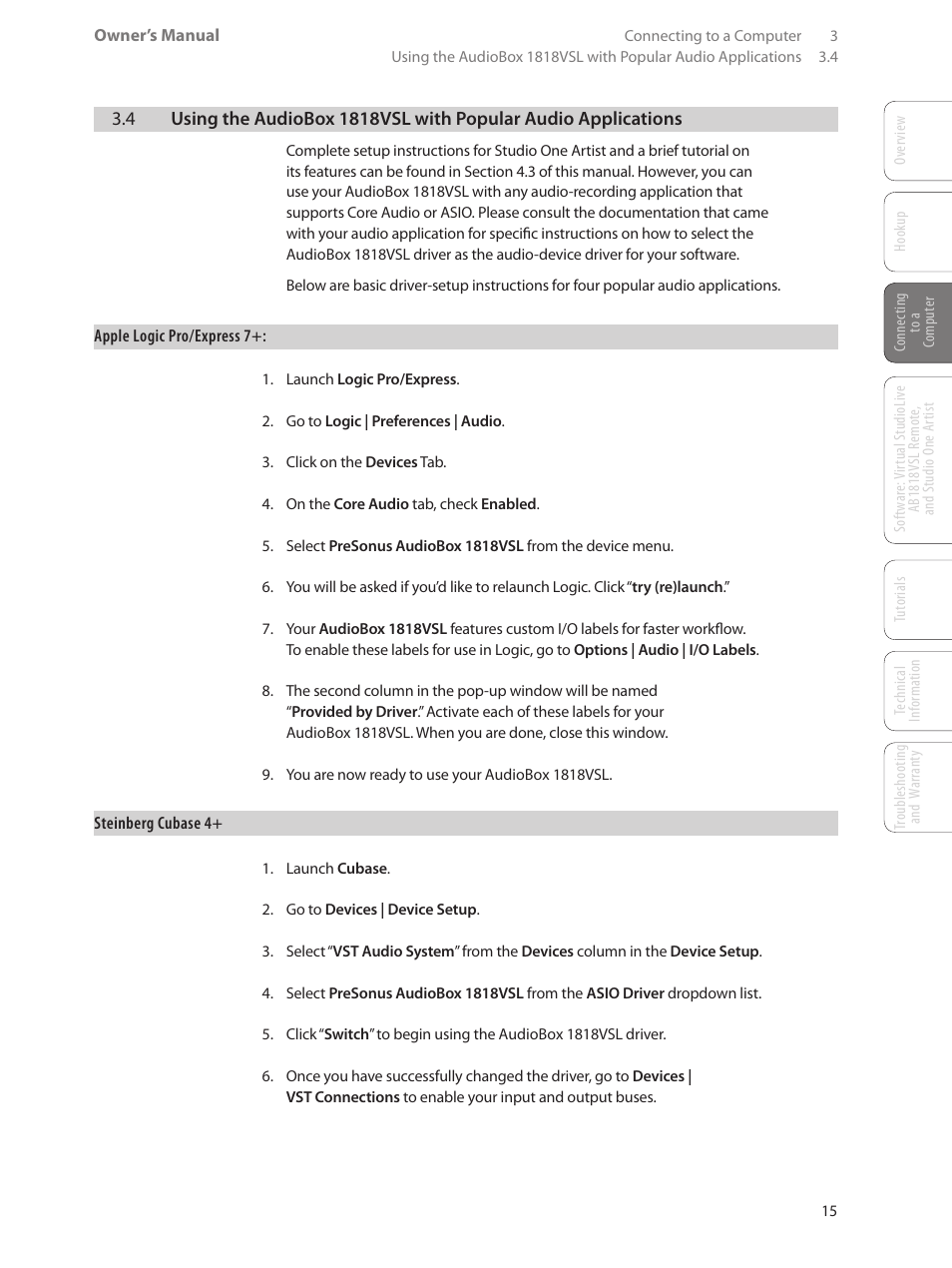 4 using the audiobox 1818vsl with, Popular audio applications — 15 | PreSonus AudioBox 1818VSL User Manual | Page 21 / 100