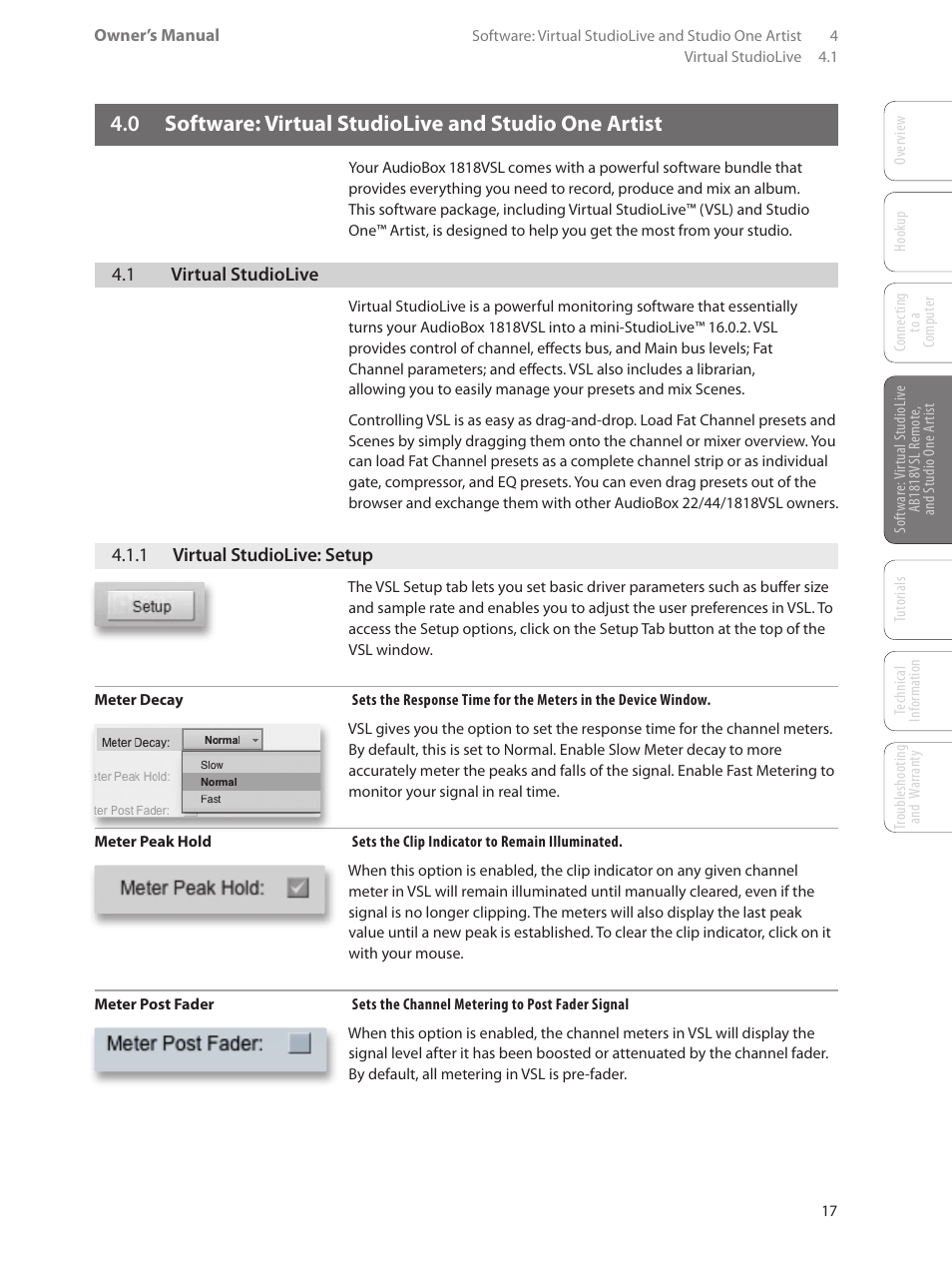 1 virtual studiolive, 1 virtual studiolive: setup, 0 software: virtual studiolive | And studio one artist — 17, 1 virtual studiolive — 17, 1 virtual studiolive: setup — 17 | PreSonus AudioBox 1818VSL User Manual | Page 23 / 100