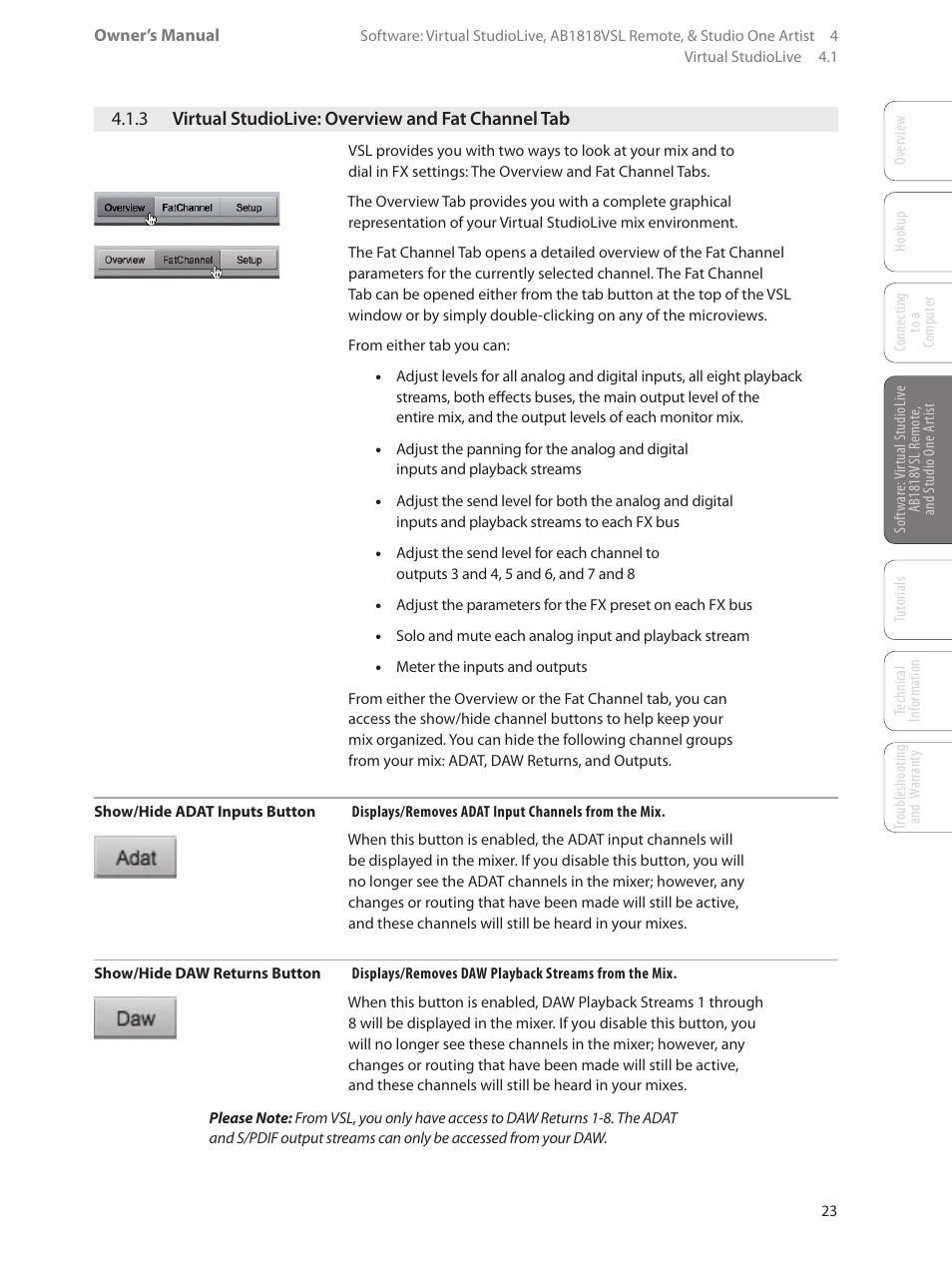 3 virtual studiolive: overview and fat channel tab, 3 virtual studiolive: overview, And fat channel tab — 23 | PreSonus AudioBox 1818VSL User Manual | Page 29 / 100