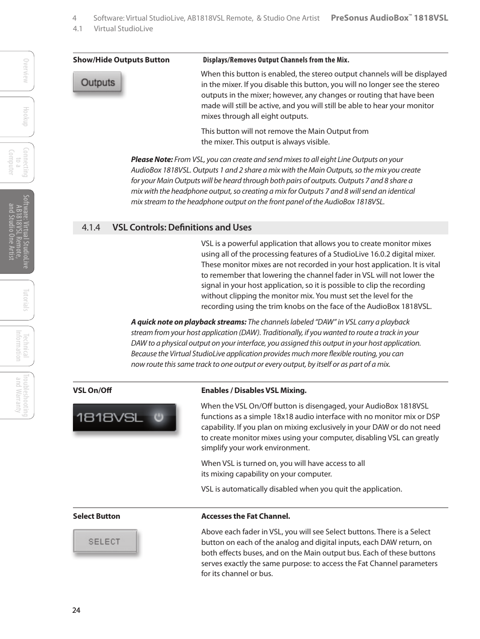 4 vsl controls: definitions and uses, 4 vsl controls: definitions, And uses — 24 | PreSonus AudioBox 1818VSL User Manual | Page 30 / 100