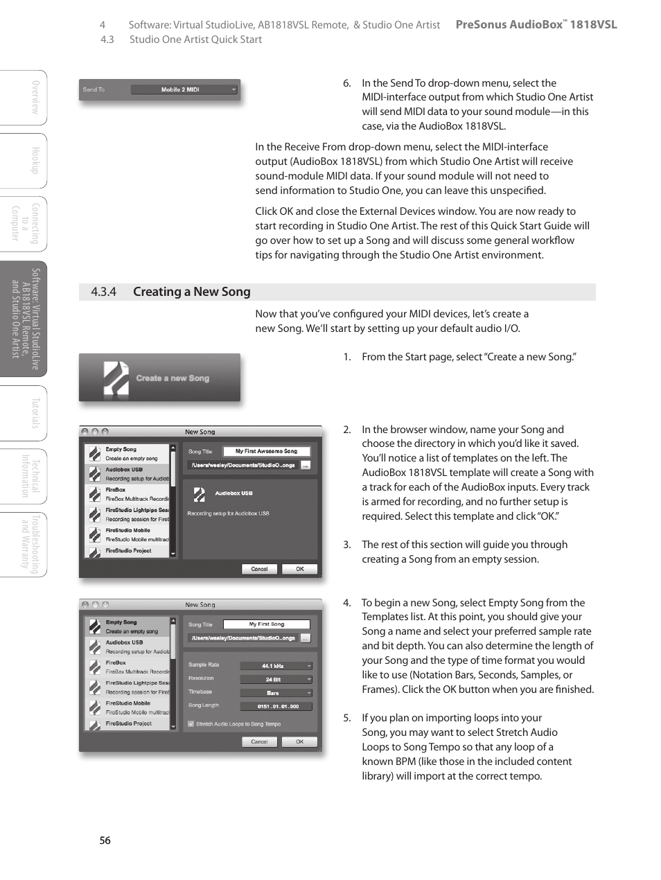 4 creating a new song, 4 creating a new song — 56 | PreSonus AudioBox 1818VSL User Manual | Page 62 / 100