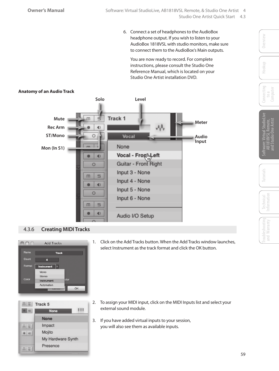 6 creating midi tracks, 6 creating midi tracks — 59 | PreSonus AudioBox 1818VSL User Manual | Page 65 / 100