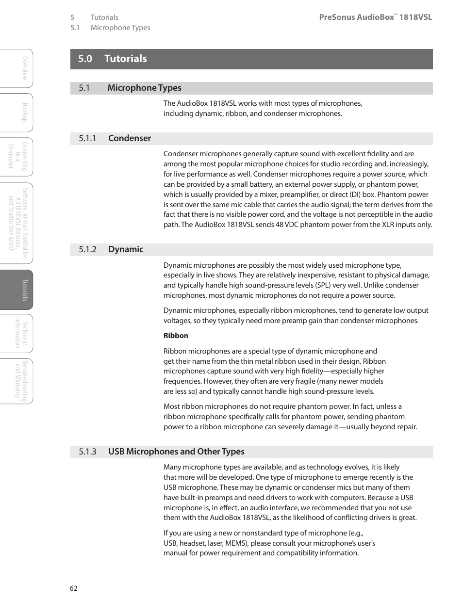 0 tutorials, 1 microphone types, 1 condenser | 2 dynamic, 3 usb microphones and other types, 0 tutorials — 62, 1 microphone types — 62, 1 condenser — 62, 2 dynamic — 62, 3 usb microphones and | PreSonus AudioBox 1818VSL User Manual | Page 68 / 100