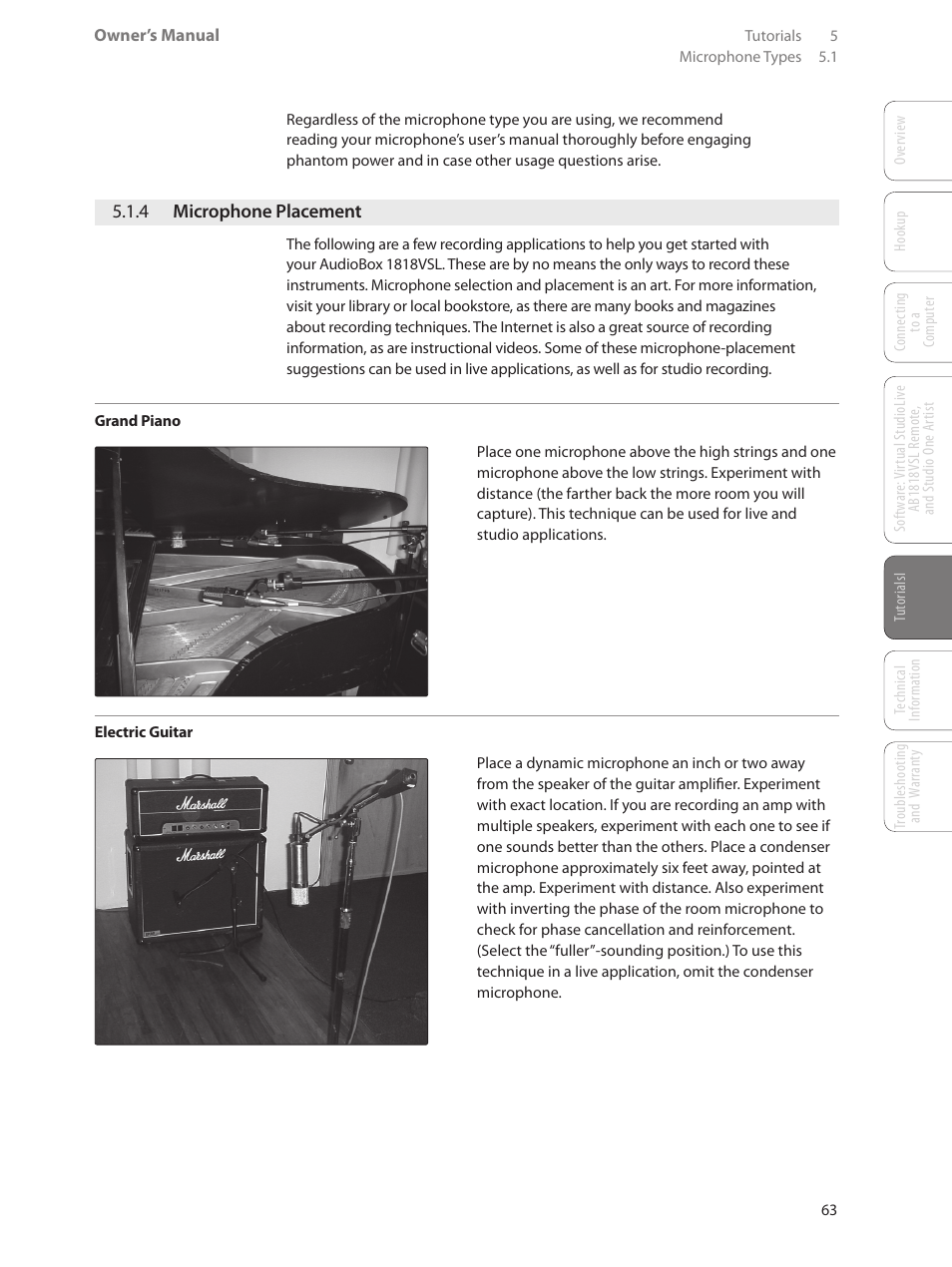 4 microphone placement, 4 microphone placement — 63 | PreSonus AudioBox 1818VSL User Manual | Page 69 / 100