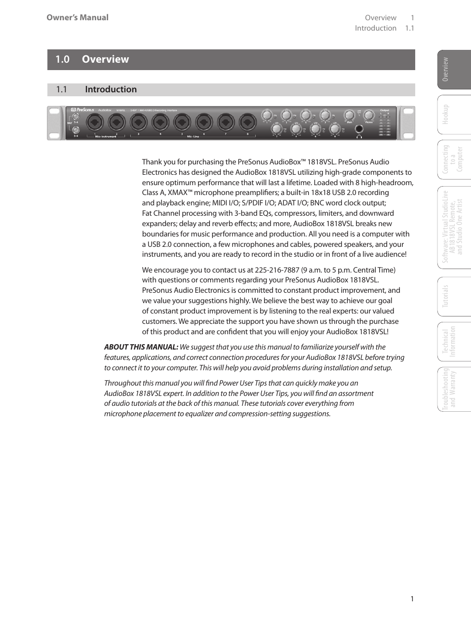 0 overview, 1 introduction, 0 overview — 1 | 1 introduction — 1 | PreSonus AudioBox 1818VSL User Manual | Page 7 / 100