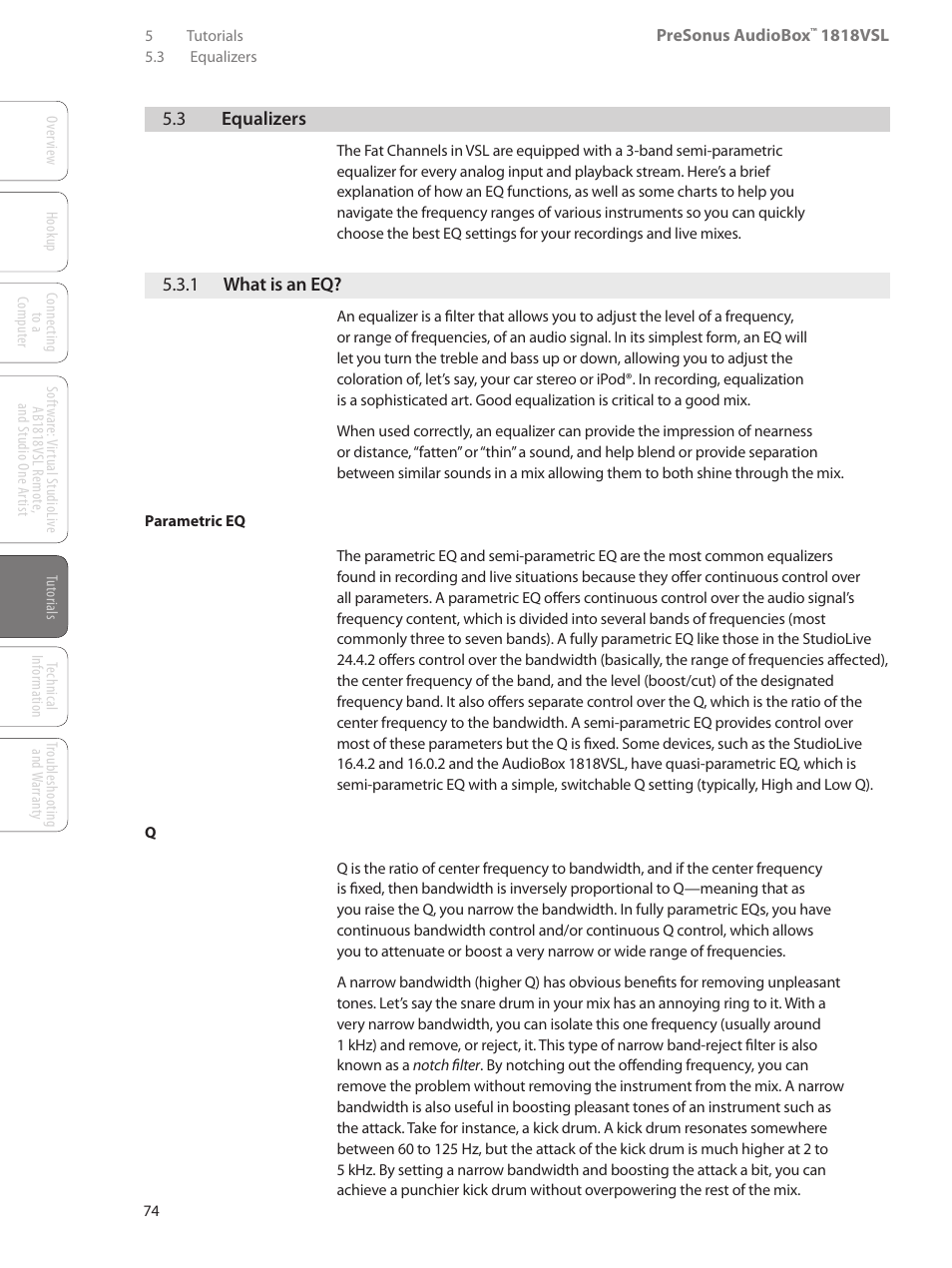 3 equalizers, 1 what is an eq, 3 equalizers — 74 | 1 what is an eq? — 74 | PreSonus AudioBox 1818VSL User Manual | Page 80 / 100