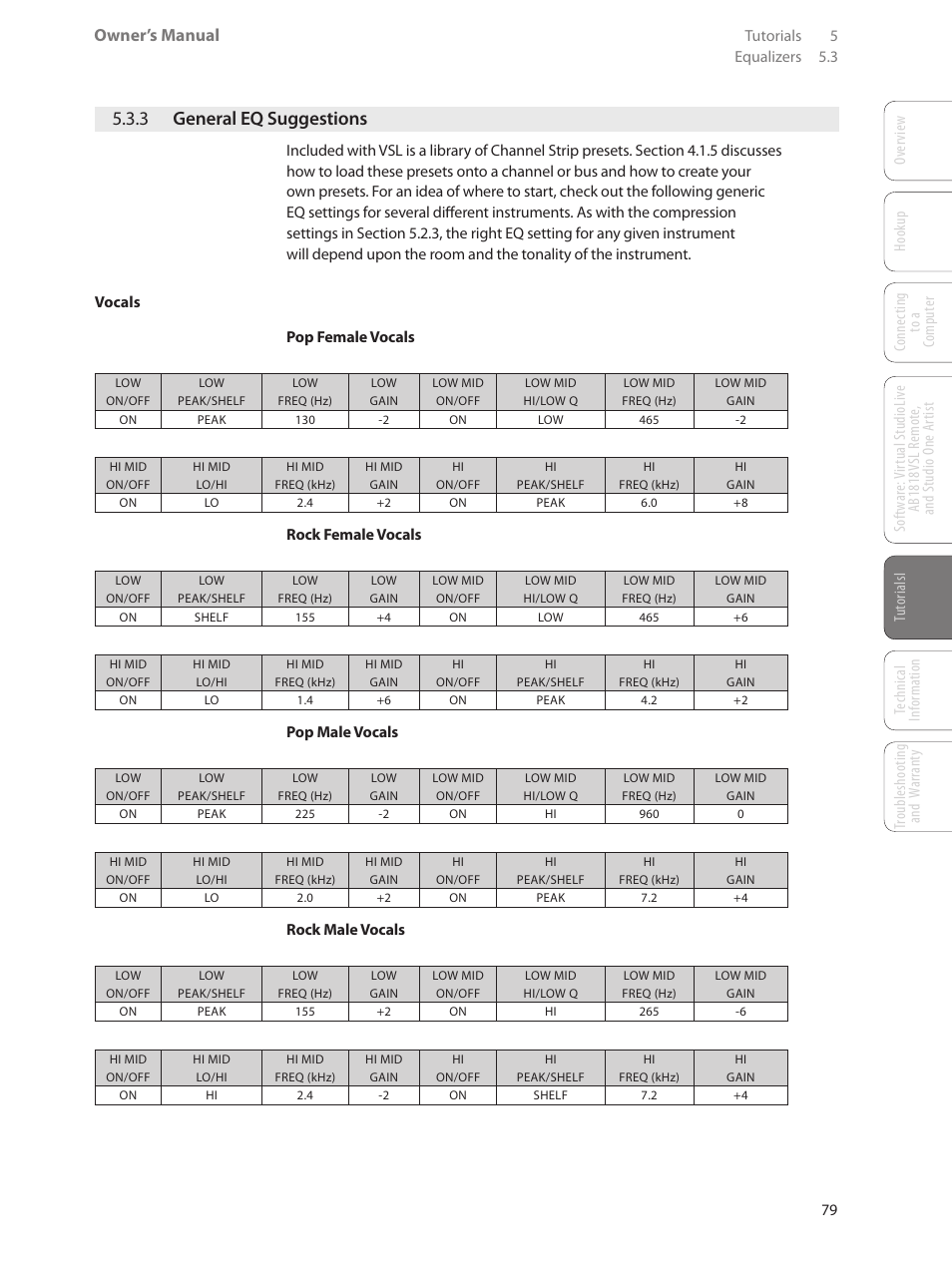 3 general eq suggestions, 3 general eq suggestions — 79, Owner’s manual | PreSonus AudioBox 1818VSL User Manual | Page 85 / 100