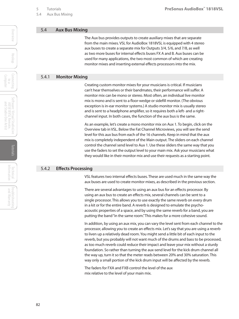 4 aux bus mixing, 1 monitor mixing, 2 effects processing | 4 aux bus mixing — 82, 1 monitor mixing — 82, 2 effects processing — 82 | PreSonus AudioBox 1818VSL User Manual | Page 88 / 100