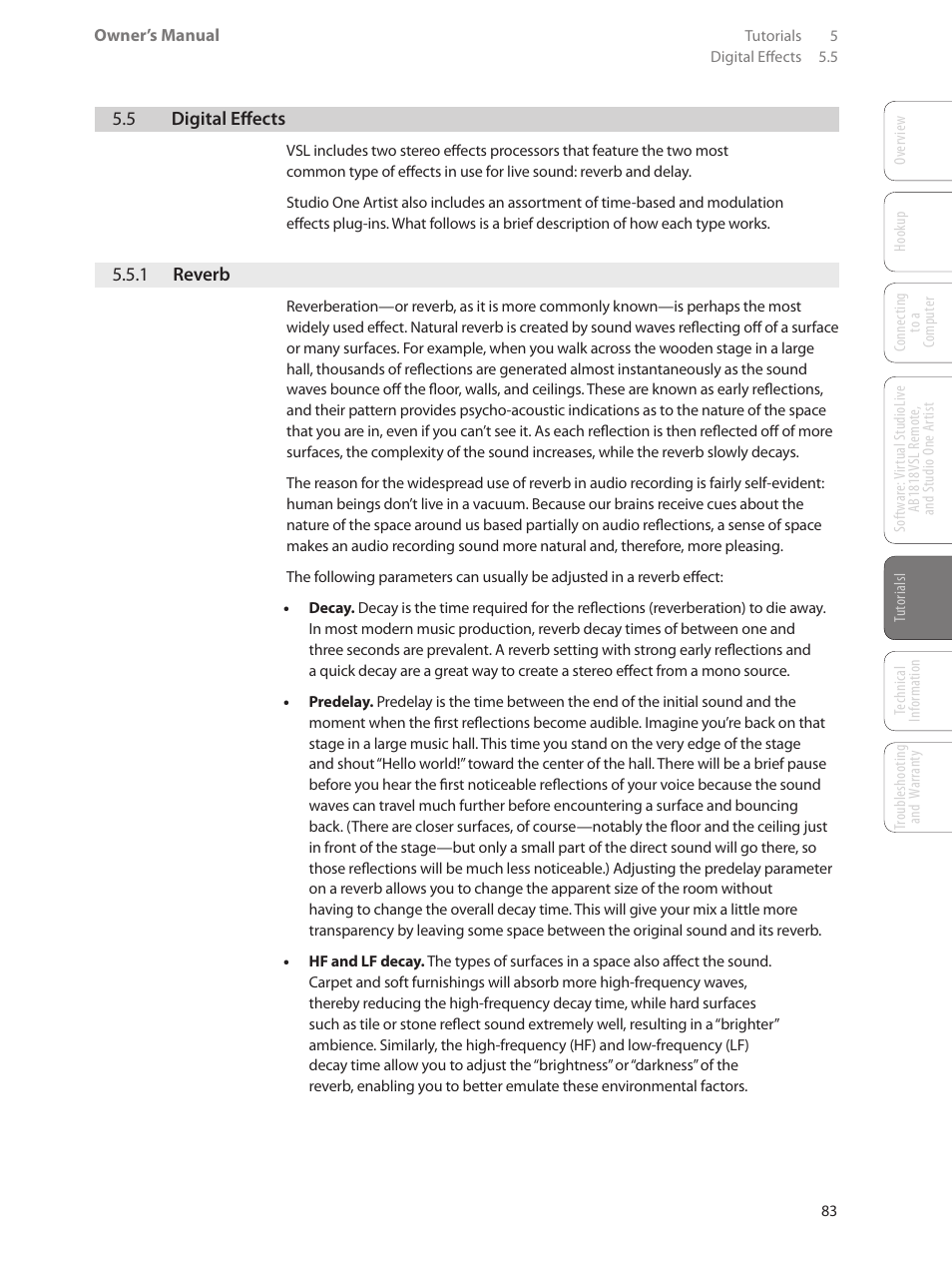 5 digital effects, 1 reverb, 5 digital effects — 83 | 1 reverb — 83 | PreSonus AudioBox 1818VSL User Manual | Page 89 / 100